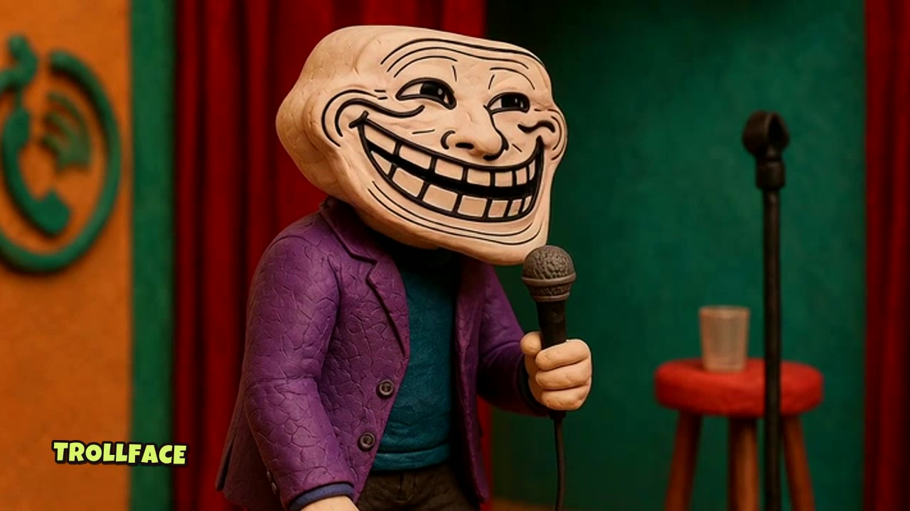 Trollface performing at a microphone